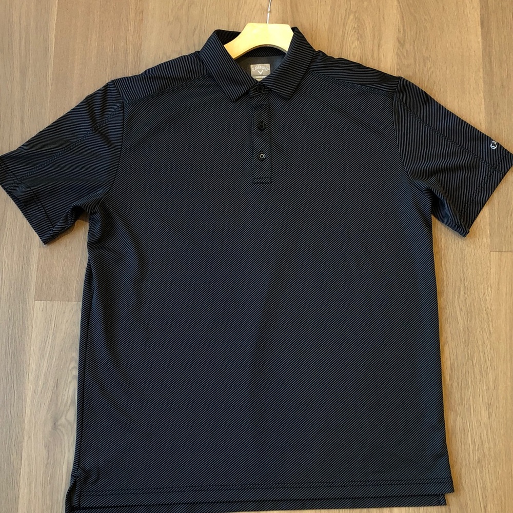 ⛳️Men's Callaway Black/Grey Opti-Dri Pin Stripe Polo / Golf Shirt, Size Large